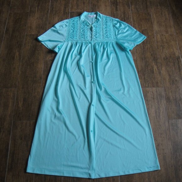 Vanity Fair robe, 38" bust, Short sleeve, Teal, Knee length, Button front, VTG - Picture 2 of 10